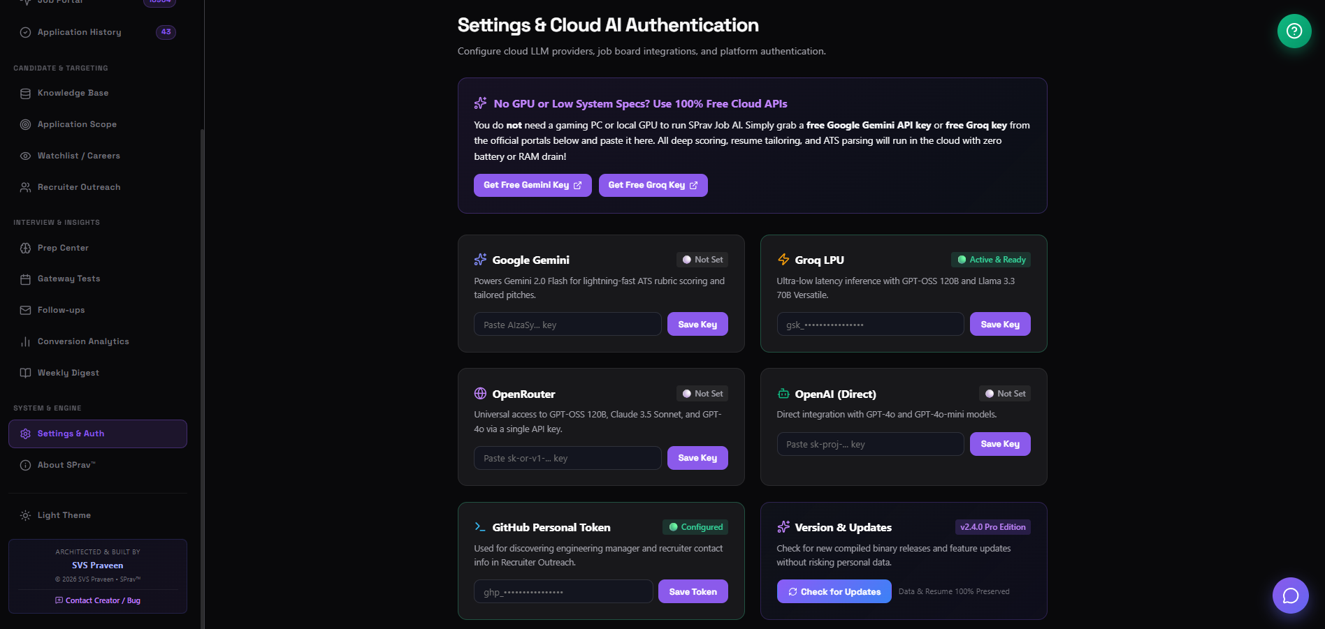 Settings & Cloud AI Authentication